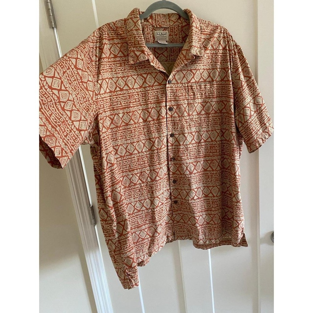 LL Bean Tribal Geometric Short Sleeve Button Up Shirt XXL s1